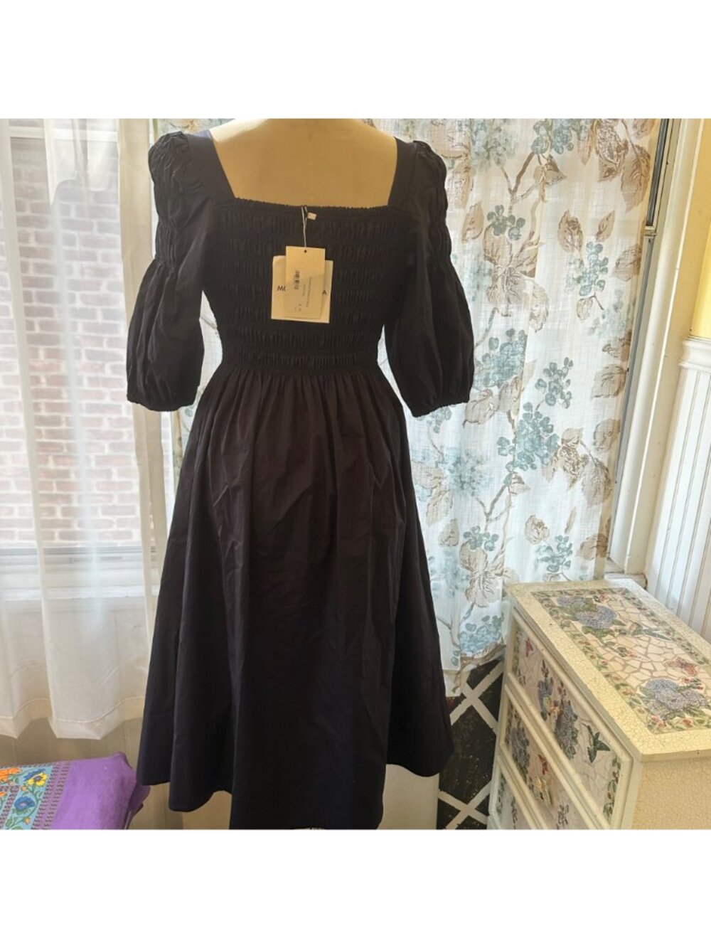 Monica Nera Navy Penelope Dress With Smocked Square Neckline & Puff Sleeves Sign - Picture 2 of 10